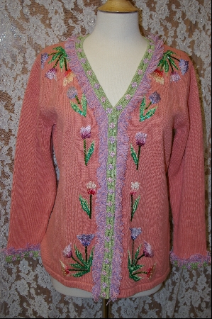 +MBA #7998  "StoryBook Knits Limited Edition Peach Floral Fringed Sweater