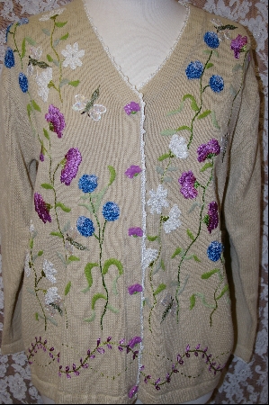 +MBA #7934  "StoryBook Knits Limited Edition Tan Floral Dragonfly Sweater