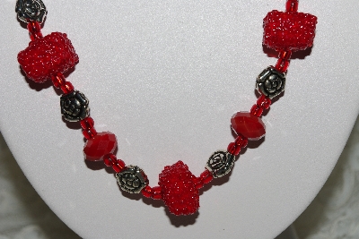 +MBAHB #27-264  "One Of A Kind Red Bead & German Silver Flower Bead Necklace & Earring Set"