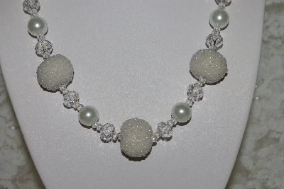 +MBAHB #27-254  "One Of A Kind White Glass Pearl. Clear Crystal & Seed Bead Cluster Necklace & Earring Set"