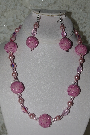 +MBAHB #27-244  "One Of A Kind Pink Glass Pearl,Pink Crystal & Pink Seed Bead Cluster Necklace & Earring Set"