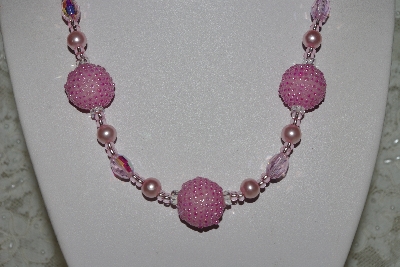 +MBAHB #27-244  "One Of A Kind Pink Glass Pearl,Pink Crystal & Pink Seed Bead Cluster Necklace & Earring Set"