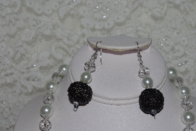 +MBAHB #27-239  "One Of A Kind White Glass Pearl, Faceted Clear Crystal & Black Glass Seed Bead Cluster Necklace & Earring Set"