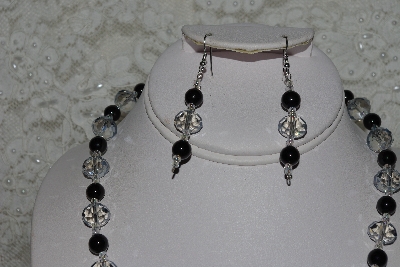 +MBAHB #27-224  "One Of A Kind Grey Crystal, Black Onyx & Silver Glass Seed Bead Cluster Necklace & Earring Set"