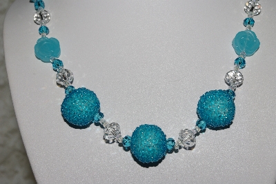 +MBAHB #27-207  "One Of A Kind Fancy Blue Glass Flower, Clear Crystal, Blue Crystal & Blue Seed Bead Cluster Bead Necklace & Earring Set"