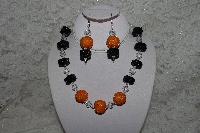 +MBAHB #27-005  "One Of A Kind Clear.Orange & Black Bead Necklace & Earring Set"