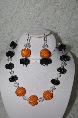 +MBAHB #27-005  "One Of A Kind Clear.Orange & Black Bead Necklace & Earring Set"
