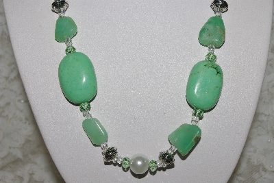 +MBAHB #27-013  "One Of A Kind Green Gemstone,White Glass Pearls & German Silver Fancy Bead Necklace & Earring Set"