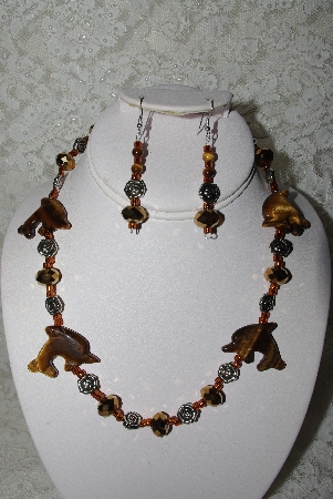 +MBAHB #27-018  "One Of A Kind Tiger Eye, Copper Crystal & German Silver Flower Bead Necklace & Earring Set"