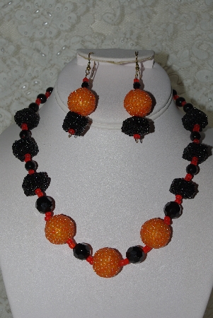 +MBAHB #27-055  "One Of A Kind Black & Orange Bead & Gemstone  Necklace & Earring Set"