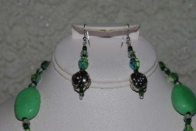 +MBAHB #27-065  "One Of A Kind Green Bead,Gemstone & German Silver Rose Bead Necklace & Earring Set"