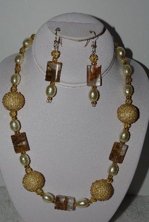 +MBAHB #003-007  "One Of A Kind Gold,Yellow & Cherry Agate Bead Necklace & Earring Set"