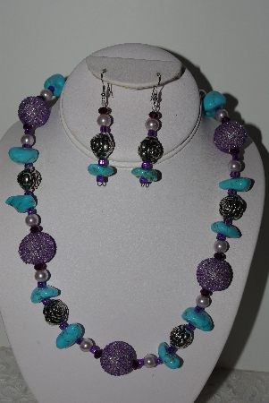 +MBAHB #003-017  "One Of A Kind Purple Bead & Turquoise Neklace & Earring Set"