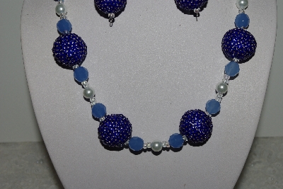 +MBAHB #003-048  "One Of A Kind Blue Bead & Glass Pearl Necklace & Earring Set"