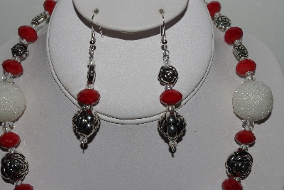 +MBAHB #003-151  "One Of A Kind White, Red Crystal & German Silver Necklace & Earring Set"