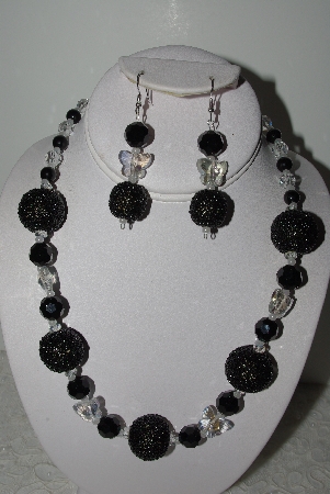 +MBAHB #003-161  "One Of A Kind Black Bead & Crystal Butterfly Necklace & Earring Set"