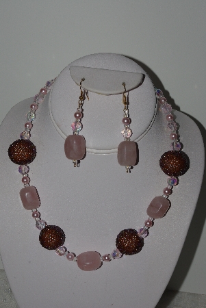 +MBAHB #003-166  "One Of A Kind Brown, Pink & Rose Quartz Necklace & Earring Set"