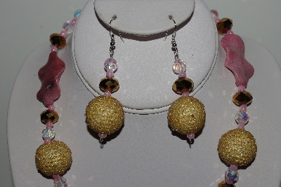 +MBAHB #003-172  "One Of A Kind Gold,Pink,Crystal & Rhodocrosite Bead Necklace & Earring Set"