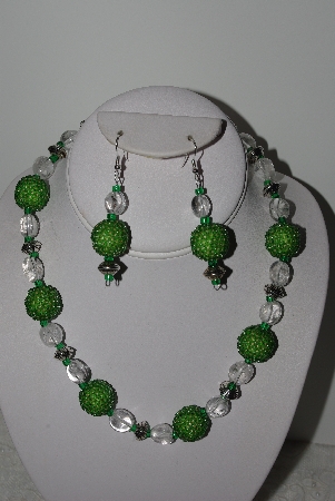 +MBAHB #002-260  "One Of A Kind Green, Crystal Quartz & German Silver Necklace & Earring Set"
