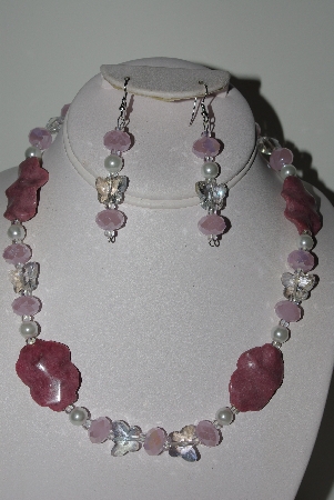 +MBAHB #009-190  "One Of A Kind Pink Gemstone & Bead Necklace & Earring Set"
