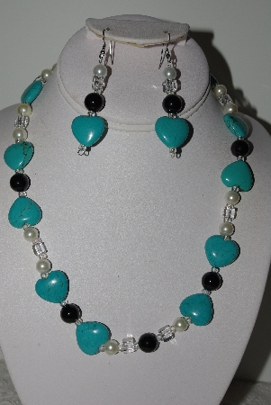 +MBAHB #009-170  "One Of A Kind Blue Gemstone Heart Bead Necklace & Earring Set"