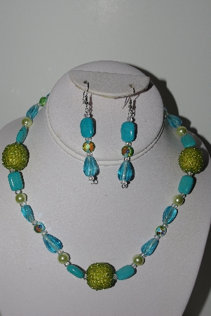 +MBAHB #009-155  "One Of A Kind Blue & Green Bead Necklace & Earring Set"