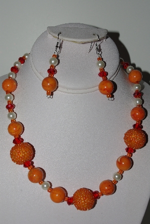 +MBAHB #009-115  "One Of A Kind Orange & White Bead Neck;ace Earring & Set"