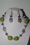 +MBAHB #009-060  "One Of A Kind Green,Purple & White Bead Necklace & Earring Set"