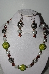 +MBAHB #009-012  "One Of A Kind Green, White & Brown Bead Necklace & Earring Set"