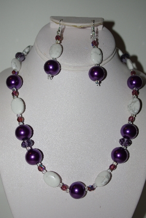 +MBAHB #013-165  "One Of A Kind Purple & White Bead Necklace & Earring Set"