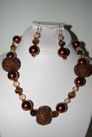 +MBAHB #013-150  "One Of A Kind Brown Bead & Tiger Eye Necklace & Earring Set"