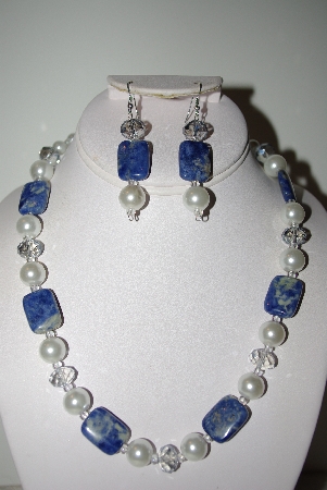 +MBAHB #013-054  "One Of A Kind Shell Pearl/ Crystal & Lapis Bead Necklace & Earring Set"