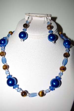 +MBAHB #013-135  "One Of A Kind Blue Bead & Tiger Eye Necklace & Earring Set"
