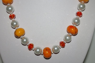 +MBAHB #013-022   "One Of A Kind Orange & White Bead Necklace & Earring Set"
