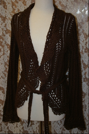 +MBA #8021  "Moda International Crochet Look Brown Cardigan
