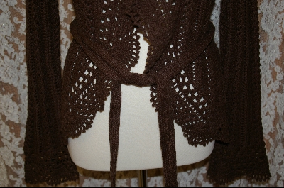 +MBA #8021  "Moda International Crochet Look Brown Cardigan