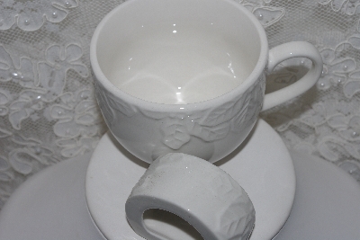 +MBAMG #003-235   "Set Of 8/ 4 Coffee Cups & 4 Napkin Rings/ White Ceramic/Poinsettia Pattern"