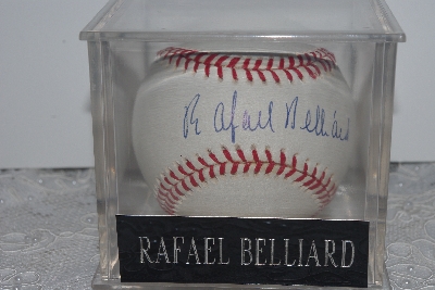 +MBAMG #003-075  "1990's Rawlings "Rafael Belliard" Autographed Baseball In Acrylic Cube"