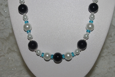 +MBAMG #003-162  "One Of A Kind Black, White & Blue Bead Necklace & Earring Set"