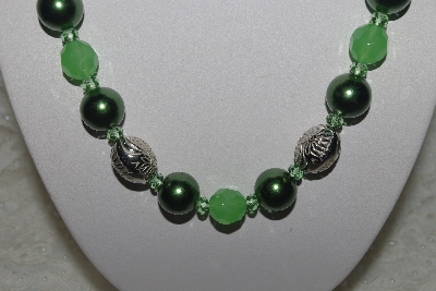 +MBAMG #003-166  "One Of A Kind Green Bead & German Silver Necklace & Earring Set"