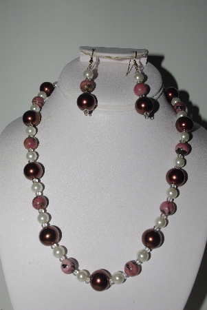 +MBAMG #018-149  "One Of A Kind Brown,White & Pink Gemstone Bead Necklace & Earring Set"