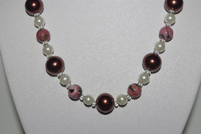 +MBAMG #018-149  "One Of A Kind Brown,White & Pink Gemstone Bead Necklace & Earring Set"