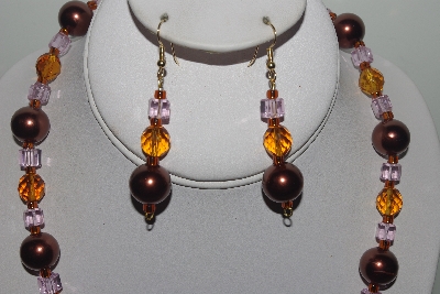 +MBAMG #018-115  "One Of A Kind Brown,Amber & Pink Bead Necklace & Earring Set"