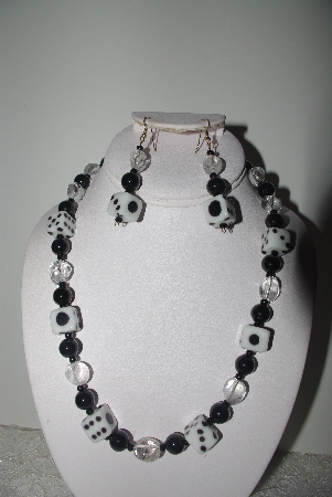 +MBAMG #018-090  "One Of A Kind Black Onyx,Crystal Quartz & Dice Bead Necklace & Earring Set"