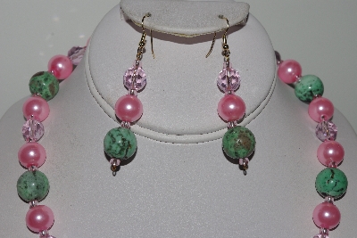 +MBAMG #019-137  "One Of A Kind Green Turquoise & Pink Bead Necklace & Earring Set"