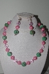 +MBAMG #019-137  "One Of A Kind Green Turquoise & Pink Bead Necklace & Earring Set"