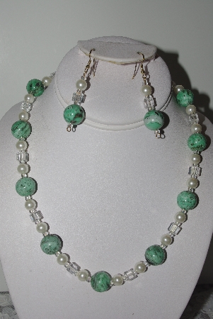 +MBAMG #019-149  "One Of A Kind Green Turquoise & White Bead Necklace & Earring Set"