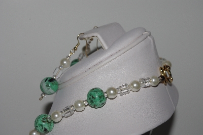 +MBAMG #019-149  "One Of A Kind Green Turquoise & White Bead Necklace & Earring Set"