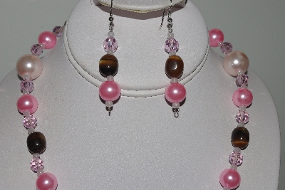 +MBAMG #019-145  "One Of A Kind Pink Bead & Tiger Eye Necklace & Earring Set"
