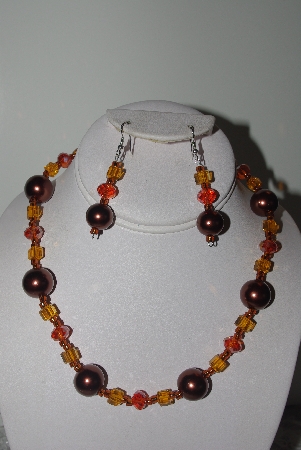 +MBAMG #019-223  "One Of A Kind Brown,Orange & Gold Bead Necklace & Earring Set"